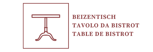 Logo mit Beizentisch-Symbol auf Gussfuss, kombiniert mit den Schriftzügen Beizentisch, Tavolo da Bistrot und Table de Bistrot in drei Sprachen.