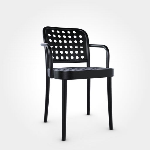 Armlehnstuhl Buche in Black Grain, markante Holzstruktur und moderne Linien, ideal für Beizen, Restaurants und stilvolle Gastronomieeinrichtungen.