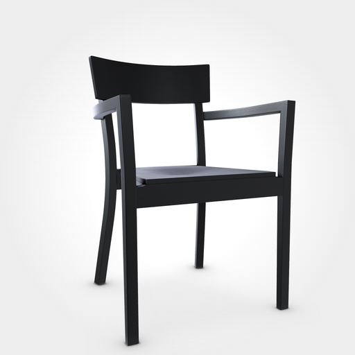 Schwarzer Beizenstuhl aus Holz mit eckigem Sitz und Armlehnen, stabil gebaut, geeignet für Restaurant oder Esszimmer