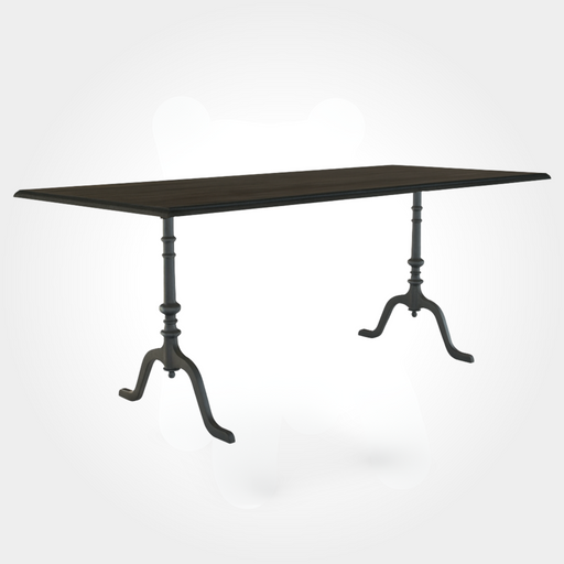 Rechteckiger Beizentisch mit robuster Tischplatte aus massiver Raucheiche. Zwei kunstvoll gearbeitete Gussfüße mit je vier Beinen bieten optimalen Halt – perfekt für stilvolle Restaurants, Bars und Gasthäuser.