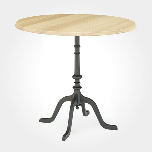 Runder Beizentisch mit massiver Tischplatte aus Kernesche. Die lebendige Maserung wird durch einen stabilen Gussfuß aus Eisen mit vier Beinen getragen – perfekt als Restaurantisch, Bartisch oder klassischer Bistrotisch.