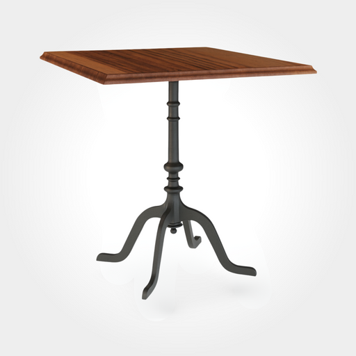 Quadratischer Bistrotisch aus massivem europäischem Nussbaum. Die Tischplatte zeigt charaktervolle Holzstruktur, getragen von einem vierbeinigen Gusseisenfuß, der Stabilität und Langlebigkeit garantiert – perfekt als Beizenhocker-Ergänzung oder kleiner Esstisch.