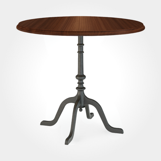 Edler runder Cafétisch mit Tischplatte aus amerikanischem Nussbaum, fein gemasert und massiv gefertigt. Der stabile Gussfuß mit vier Beinen sorgt für sicheren Halt in Café, Bar oder Restaurant.