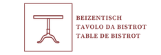 Logo mit Beizentisch-Symbol auf Gussfuss, kombiniert mit den Schriftzügen Beizentisch, Tavolo da Bistrot und Table de Bistrot in drei Sprachen.