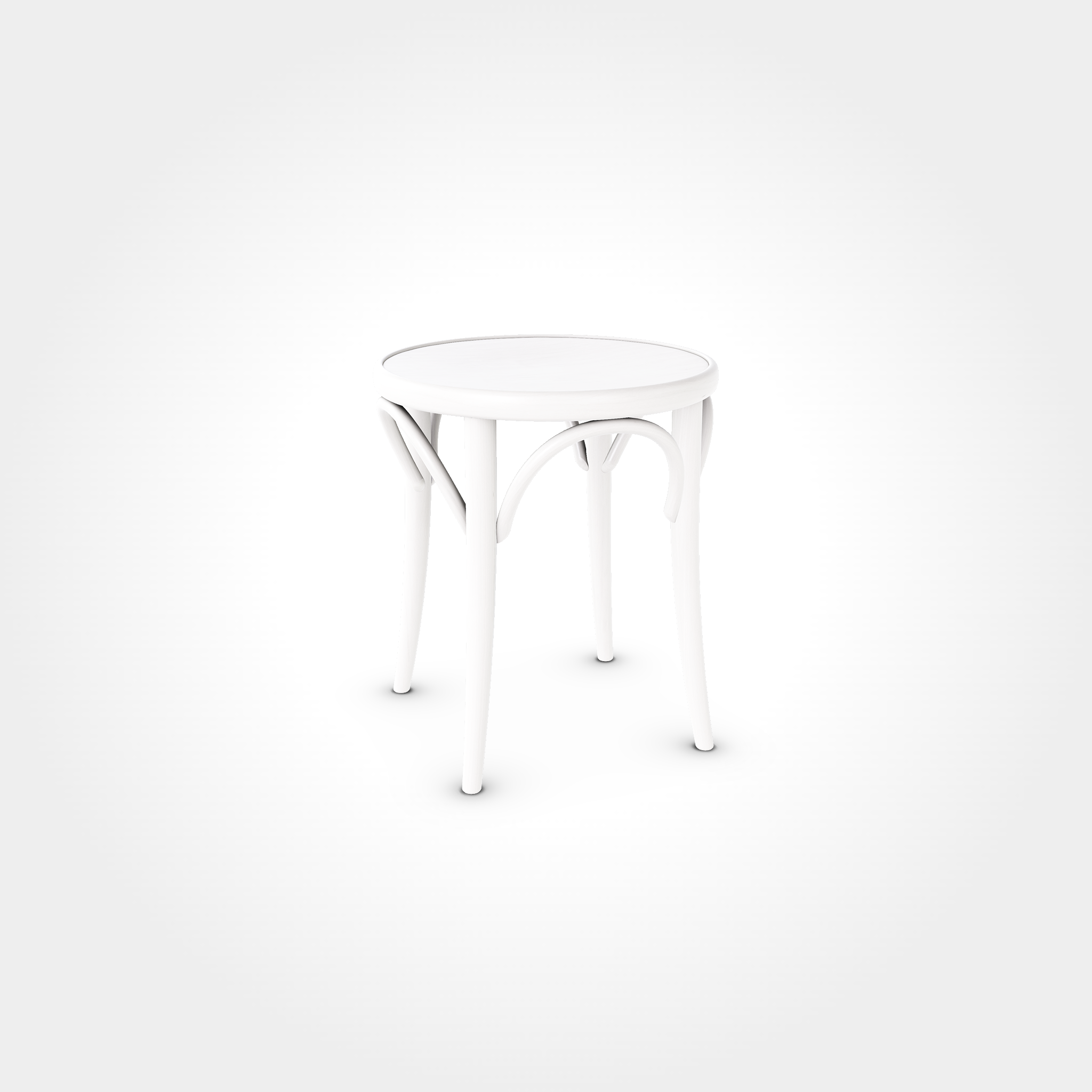 Heller Beizenhocker in Light White, rund aus massivem Holz mit geschwungenen Verstrebungen, passend für Cafés, Bars und Restaurants.