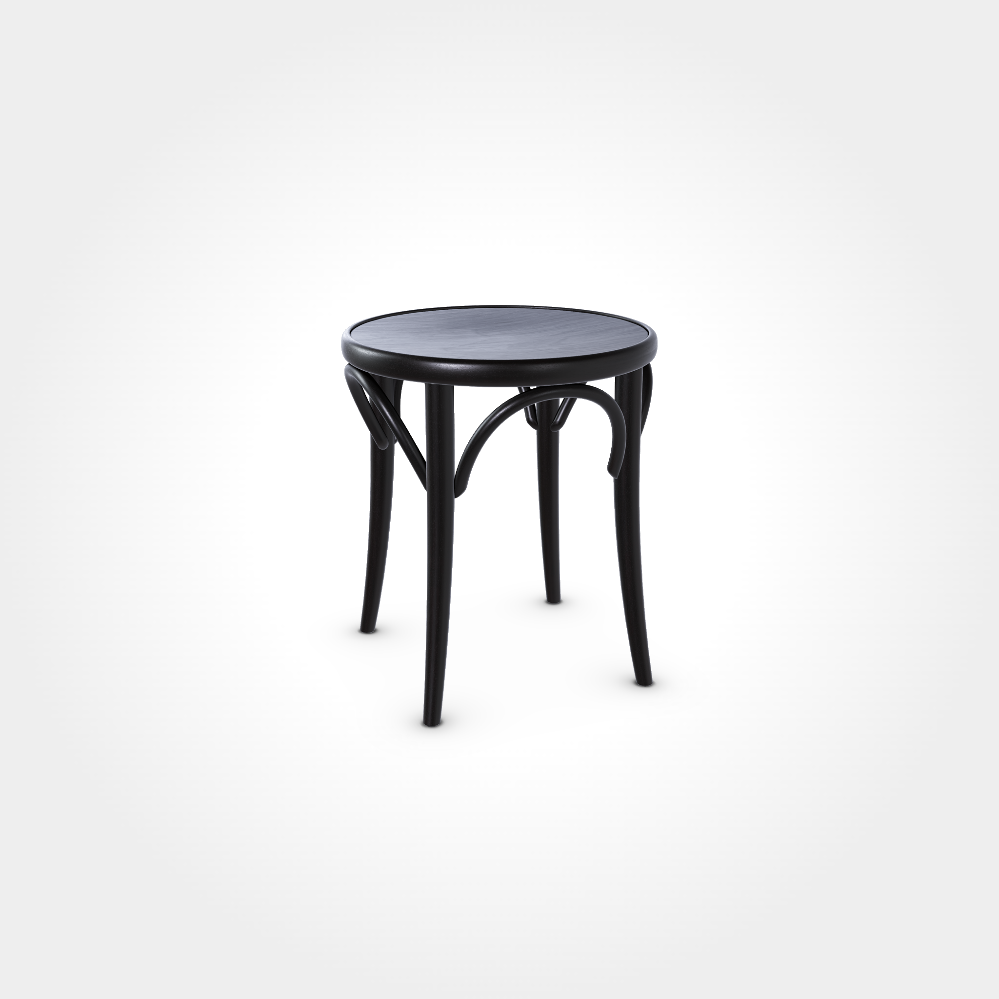 Runder Beizenhocker in Kaffeebraun, aus massivem Holz mit gebogenen Verstrebungen, ideal für traditionelle Restaurants, Bars und Cafés