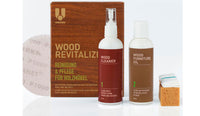 Holzpflege-Set für Massivholztische mit Reiniger, Möbelöl, Schleifpad und Schwamm. Ideal zur Reinigung, Pflege und Auffrischung von Beizentischen, Restauranttischen oder Bistrotischen aus Holz.