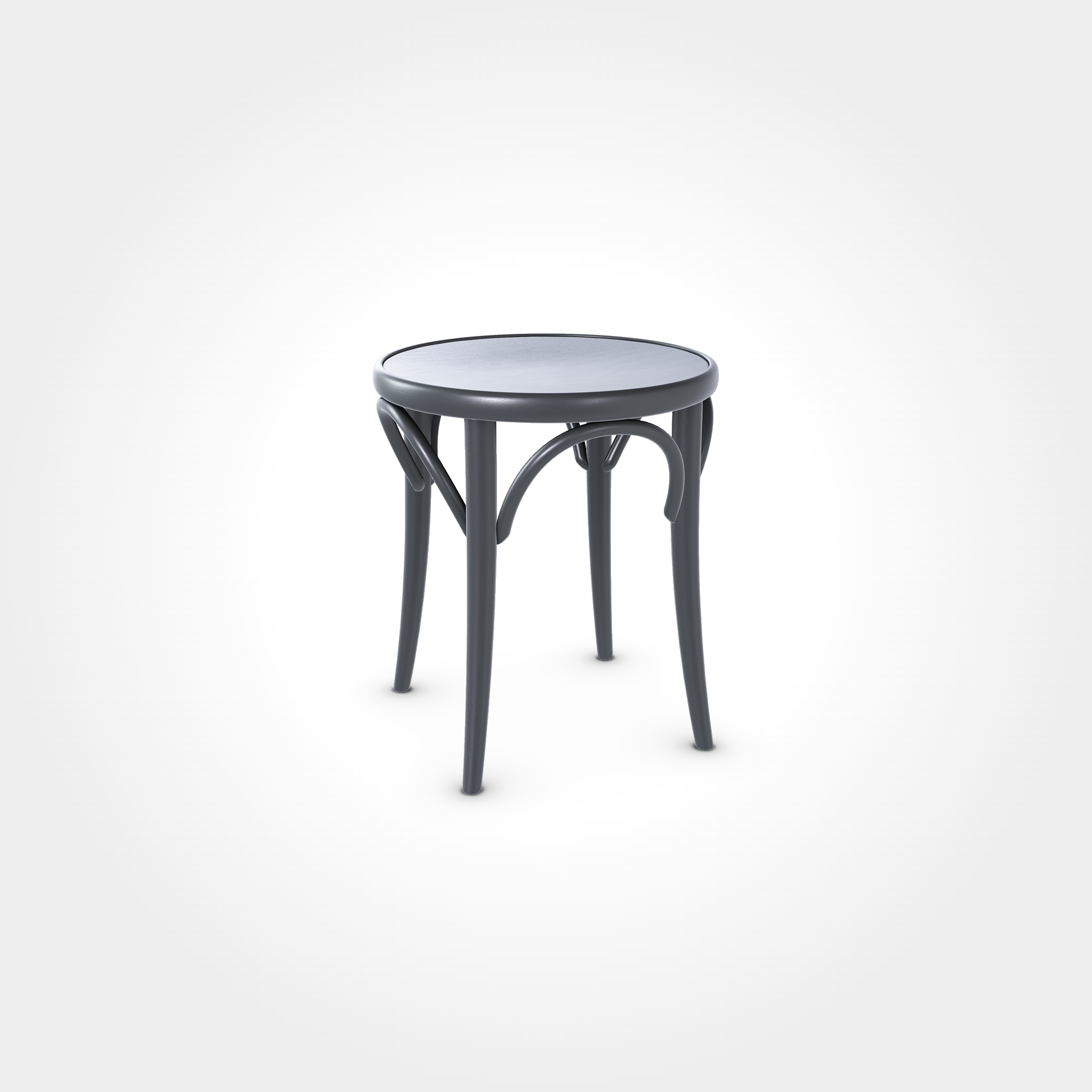 Klassischer runder Hocker in Gray Shadow mit vier Beinen und geschwungenen Verstrebungen, stilvolles Sitzmöbel für Beizentische in Restaurant, Bar oder Café