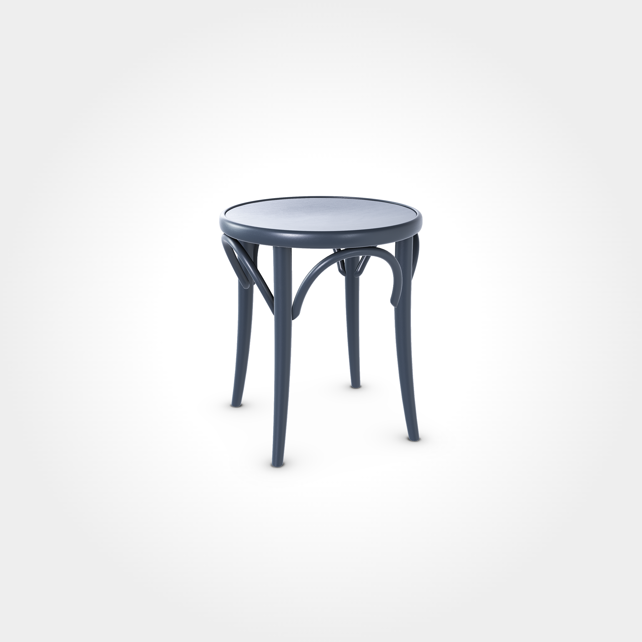 Eleganter runder Hocker in Graphite Blue mit geschwungenen Verstrebungen und vier Beinen, stilvolles Sitzmöbel für Beizentische in Restaurant, Bar oder Café